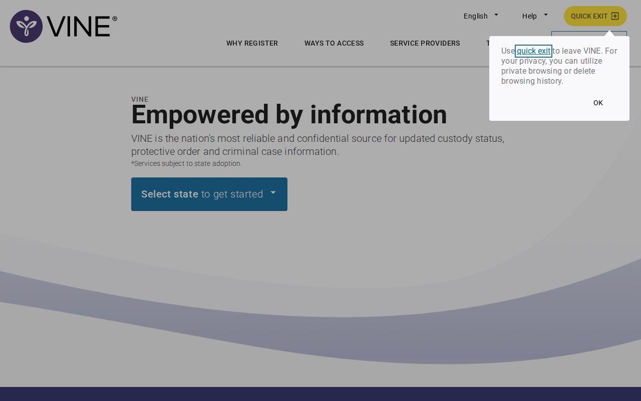 VINELink public custody search interface for choosing a participating location