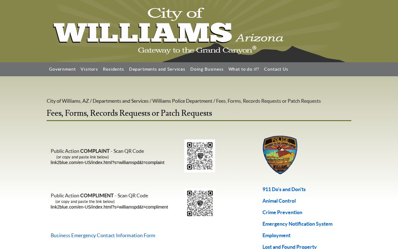 Williams Police arrest records forms and request information