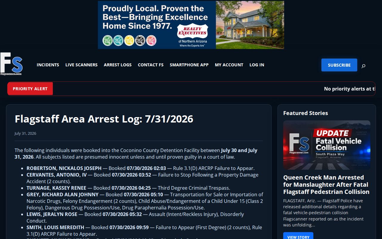 Sample FlagScanner Coconino County multi-day arrest log post